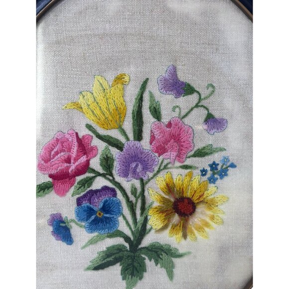 MCM Botanical Embroidery Oval Frame Crewel Floral Wall Art Needlepoint Vtg 2 - Picture 6 of 16